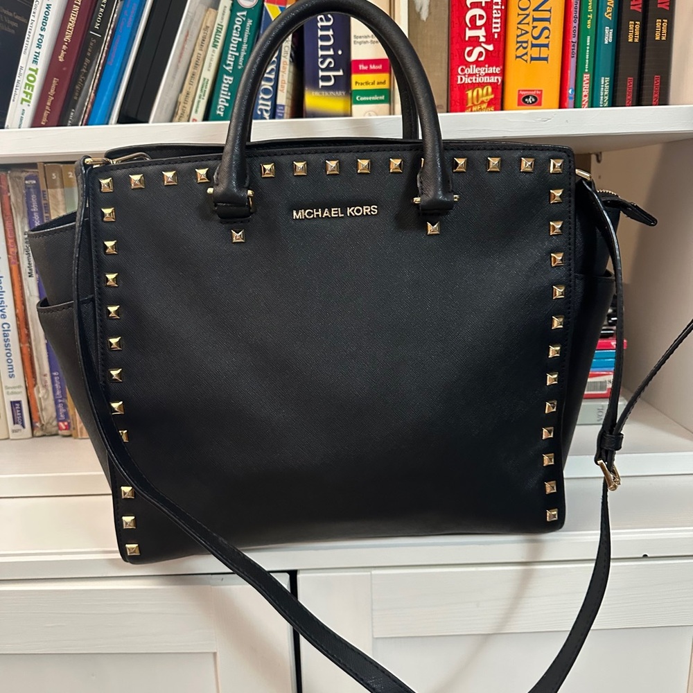 MICHAEL KORS Black Leather Studded Satchel with Gold Accents